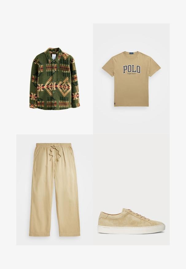 Zielona kurtka koszulowa we wzory geometryczne w kolorze czerwonym, beżowym i ciemnozielonym; wykonana z miękkiego materiału; zawiera guziki i kieszeń na piersi.; Polo Ralph Lauren - T-shirt z nadrukiem; Beżowe spodnie dresowe ze sznurkiem w pasie, szerokie nogawki, dwie boczne kieszenie i przeszycia na dole. Miękki, lekki materiał.; Beżowe zamszowe sneakersy o niskim profilu, okrągłym nosku i beżowych sznurówkach. Posiadają białą gumową podeszwę oraz subtelne logo z boku.