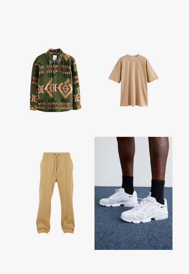 Roheline mustriga särk-jope, millel on geomeetrilised disainid punase, beeži ja tumerohelise tooniga; valmistatud pehmest kangast; sisaldab nuppe ja rinna taskut.; Lühikeste varrukatega beež puuvillane T-särk ümarate kaelustega ja lõdva lõikega, millel on sile tekstuur ning ei mingeid mustreid või aktsente.; Beezhivärvi dressipüksid pehmest kangast, millel on nööriga vöökoht, küljetaskud ja vertikaalsed õmblusdetailid jalgadel.; Valged spordijalatsid, millel on võrkmaterjalist pealne, tekstuuriga detailid ja pehme tallaga. Koos mustade ribadena sokkidega sinisel vaipkattega pinnal.
