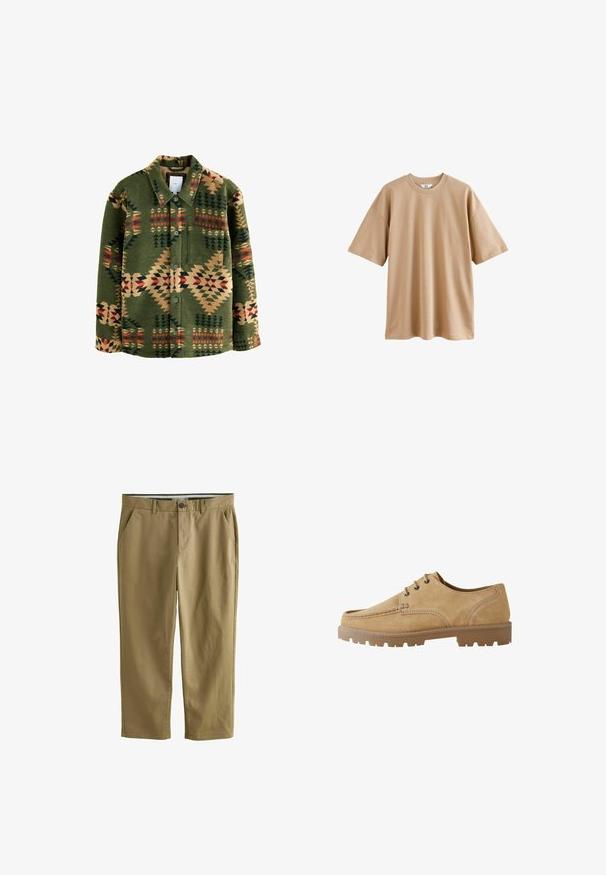 Groene shirtjack met een patroon van geometrische ontwerpen in rood, beige en donkergroen; gemaakt van zachte stof; bevat knopen en een borstzak.; Korte mouwen beige t-shirt van katoen met een ronde hals en een ontspannen pasvorm, met een gladde textuur en zonder patronen of accenten.; Khaki chino's van een katoenmix, uitgerust met twee zijzakken, een knoopsluiting, rechte pijpen en een gladde textuur.; Tan suède veterschoen met een ronde neus, contrasterende stiksels en een dikke rubberen zool met een profiel voor grip.