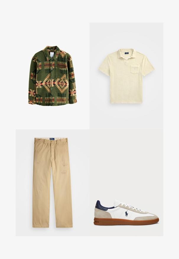 Zaļš rakstains krekls-jaka ar ģeometriskiem dizainiem sarkanā, bēšā un tumši zaļā krāsā; izgatavota no mīksta auduma; ietver pogas un krūšu kabatu.; Īsa piedurkne polo krekls gaiši pelēkā krāsā, izgatavots no mīksta kokvilnas, ar apkakli un priekšējo kabatu. Tekstūrēts audums ar brīvu piegriezumu.; Beige kokvilnas bikses ar taisnu piegriezumu. Iezīmēts ar izsistiem laukumiem un izšuvumiem priekšpusē. Klasiska pogu un rāvējslēdzēja aizdare.; Baltas un beigts sporta apavi ar zamšiem un ādas augšdaļu, jūras zila akcenti un brūna gumijas zole. Iezīmē logotipu sānos un šņorēšanas dizains.