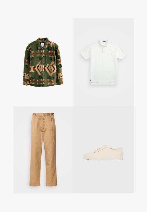 Grüne gemusterte Shirtjacke mit geometrischen Mustern in Rot, Beige und Dunkelgrün; aus weichem Stoff gefertigt; mit Knöpfen und einer Brusttasche.; Weißes Poloshirt aus Baumwolle, mit klassischem Kragen, Drei-Knopf-Leiste und einer linken Brusttasche; kleines Logo am Saum.; Khaki-Hosen aus Baumwollmischung, im geraden Schnitt, mit Vorderfalten, Gürtelschlaufen und Knopfverschluss. Glatte Textur ohne Muster.; Beige Leinensneaker mit runder Zehenpartie, flacher Gummisohle und Schnürung. Verfügt über ein minimalistisches Design und einen kontrastierenden schwarzen Akzent an der Ferse.