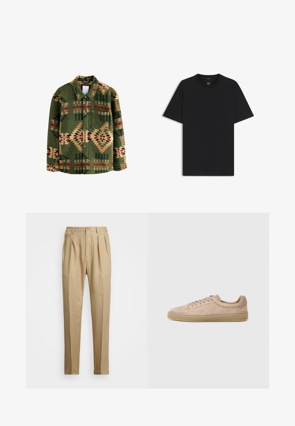 Green patterned shirt jacket featuring geometric designs in red, beige, and dark green; made of soft fabric; includes buttons and a chest pocket.; Black short-sleeve T-shirt made from a smooth cotton blend, featuring a crew neckline and a minimalistic design with no patterns or accents.; Beige linen trousers with a straight cut, featuring two front pleats, a button closure, and side pockets. Textured fabric with a smooth finish.; Low-profile brown suede sneaker with matching laces and thick rubber sole shown in side view on white background.