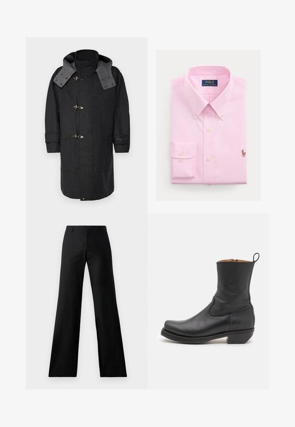 Iceberg GIUBBOTTO  - Klassischer Mantel - piombo; Helles rosa Hemd mit Knöpfen aus Baumwolle, das einen klassischen Kragen, lange Ärmel und ein kleines gesticktes Pferdelogo auf der Brust aufweist.; Schwarze weit geschnittene Hosen aus einem glatten Stoff. Sie verfügen über einen mittelhohen Bund und frontale Falten, die eine maßgeschneiderte Silhouette bieten.; Schwarze Leder-Stiefelette mit glatter Oberfläche, schlankem Profil, seitlicher Naht und niedrigem, quadratischen Absatz. Verfügt über eine Zuglasche an der Rückseite.