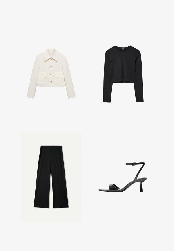 Mango Let jakke / Sommerjakker - off-white; Sort langærmet cropped top med rund halsudskæring, ensfarvet design og let buet kant.; Bershka WIDE - Bukser - black; Bershka Højhælede sandaletter / Højhælede sandaler - black