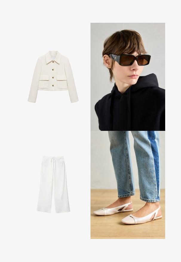 Mango Let jakke / Sommerjakker - off-white; Hvid kortærmet t-shirt lavet af bomuld. Har en rund halsudskæring og en afslappet pasform. Glat tekstur uden synlige mønstre eller detaljer.; Hvide bukser med vidde lavet af blødt stof, med bindebånd i taljen og to forlommer. Glat tekstur og uden synlige mønstre.; Lyserøde slingback flade sko med spidse tær, lavet af et glat læderlignende materiale. Har udskæringsdetaljer på siderne og en flad hæl.; Store sorte oversized solbriller med en blank finish, rektangulær form, brune tonede linser og guld logo detalje på stængerne.