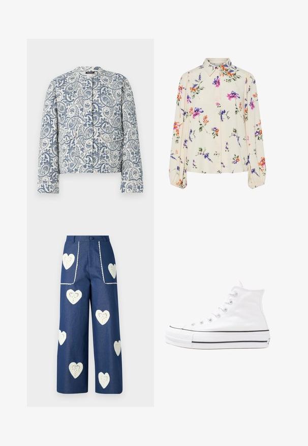 Jacke mit blau-weißem Paisleymuster, runder Halsauschnitt, langen Ärmeln und zwei Fronttaschen mit Klappenverschluss.; Blumenbluse mit langen Puffärmeln, hellcremefarbenem Grund, mit lila, orangefarbenen und grünen Blumenmustern sowie klassischem Kragen.; Sister Jane HEART TO HEART - Jeans Straight Leg - blue denim; Weiße hochwertige Leinensneaker mit schwarzer Gummisohle, vorderem Gummizehenschutz und sechs Ösen für Schnürsenkel, die ein sauberes, minimalistisches Design aufweisen.