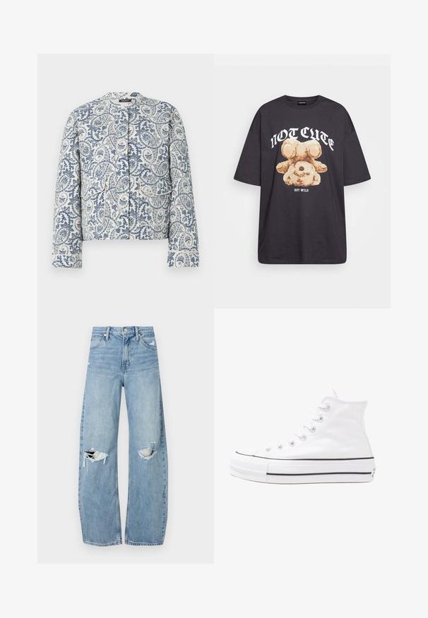 Jakna s paisley vzorcem v modri in beli barvi, z okroglim izrezom, dolgimi rokavi in dvema sprednjima žepoma s pokrovi.; Črna oversized majica s kratkimi rokavi, na kateri je grafika medveda z besedilom „NI SRČKAN VKLJUČNO Z DIVJIM“ v poudarjenem belem tisku. Material: bombaž.; Svijetloplave traperice visoki struk. Imaju široke nogavice, dva poderana područja na koljenima i klasičan petotoksi stil.; Beli visoki platneni športni čevelj z črnim gumijastim podplatom, sprednjim gumijastim zaščitnikom za prste in šestimi luknjicami za vezalke, ki se ponaša s preprostim, minimalističnim dizajnom.