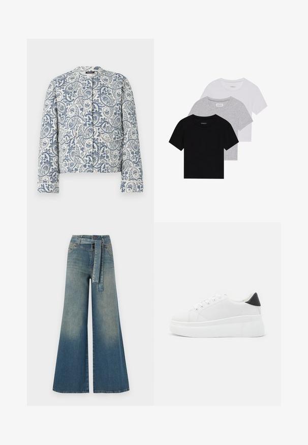 Niebieska i biała kurtka w wzór paisley, z okrągłym dekoltem, długimi rękawami oraz dwiema przednimi kieszeniami z klapkami.; Zestaw trzech koszulek z krótkim rękawem w kolorze czarnym, szarym i białym. Wykonane z bawełny, z okrągłym dekoltem i prostym, jednolitym wzorem.; Szerokie spodnie dżinsowe z gradientem od jasnoniebieskiego do ciemnoniebieskiego, wysokim stanem, szlufkami na pasek oraz pasującym paskiem z tkaniny. Teksturowany wykończenie dżinsu.; Białe sneakersy na platformie wykonane z gładkiego materiału syntetycznego, z zaokrąglonym noskiem, sznurowanym zapięciem i teksturowaną gumową podeszwą. Czarne akcenty na pięcie.