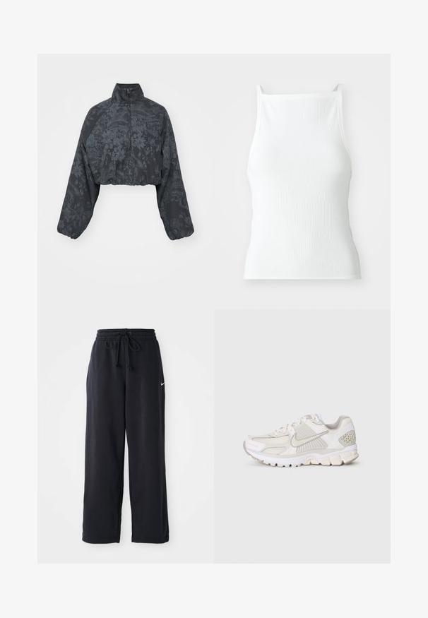 Afklippet sort jakke med lange ærmer, der har et struktureret blomstermønster og høj krave. Inkluderer en frontlynlås og elastisk kant.; Hvid ribbet top med tynde stropper, der har et tætsiddende design og en glat tekstur. Stofmaterialet ser elastisk og let struktureret ud.; Sorte sweatpants med elastisk talje og snor, med et lille hvidt Nike-logo på venstre side.; Hvid atletisk sko lavet af mesh og syntetiske materialer. Har et struktureret design, polstret krave og geometriske detaljer på hælen.