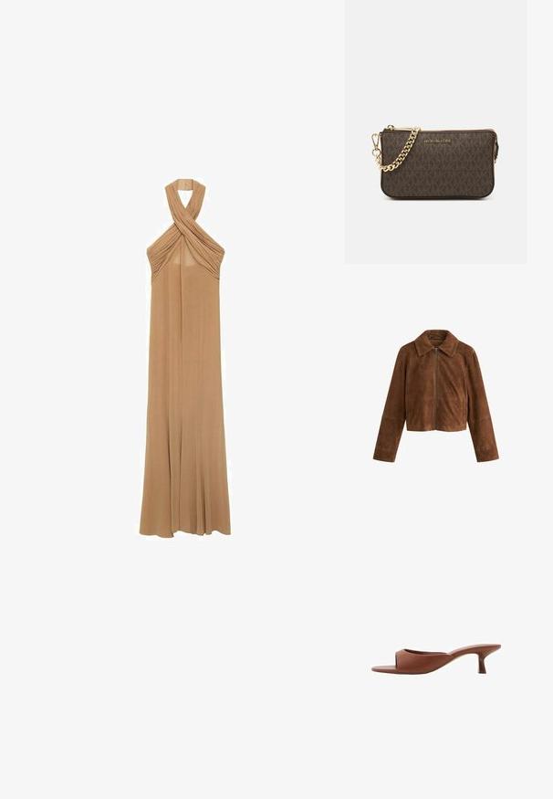 Next REGULAR FIT - Kožnata jakna - brown; Halterska haljina od mekog bež materijala, s nabranim detaljima oko izreza i lepršavim, haljinu do poda.; Smeđe sandale s otvorenom nožnom prstom i potpeticom, s glatkom, mat završnom obradom, koje imaju zakrivljen dizajn i prozirnu, suženu potpeticu.; Smeđa kožna torba preko ramena s uzorkom loga, zlatna lanac trakica, zatvaranje na patentni zatvarač i zlatni metalni detalji. Kompaktna i pravokutna forma.