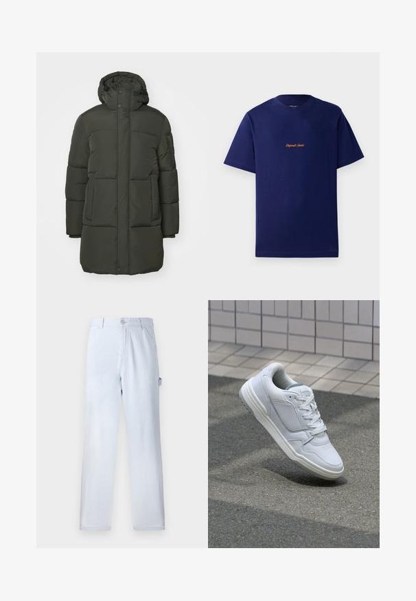 Parka imbottita verde scuro con cappuccio, dotata di chiusura con zip e bottoni a pressione, due tasche frontali e una texture trapuntata.; Maglietta in cotone blu navy con maniche corte. Presenta un piccolo logo ricamato arancione sul petto. Design classico con colletto a girocollo.; Pantaloni a righe blu chiaro realizzati in cotone. Design a gamba dritta, con chiusura frontale a bottone e tasche laterali. Texture morbida.; Sneaker bianca in pelle con lati perforati, accenti testurizzati, lacci piatti e tallone grigio a contrasto. Presenta una suola leggermente elevata.