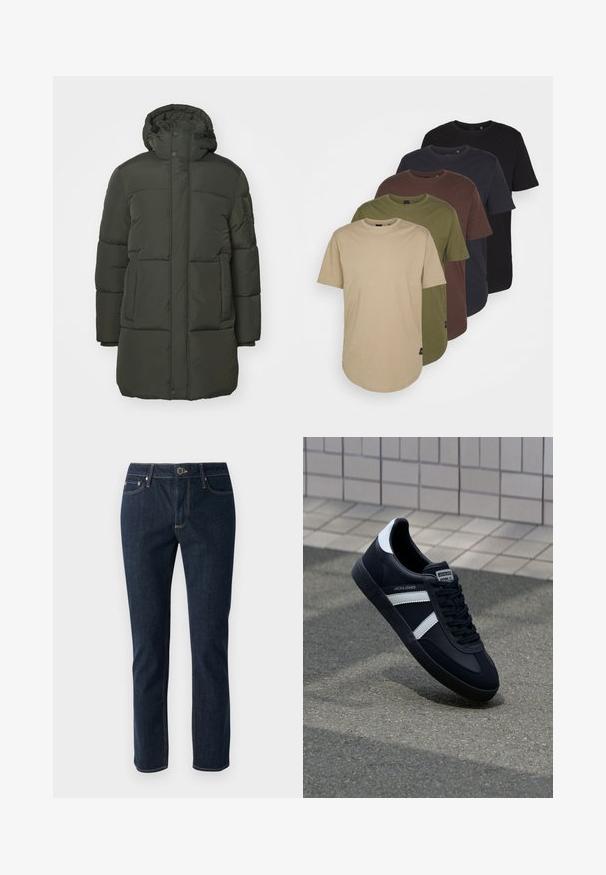 Mørkegrøn foret parka med hætte, der har lynlås og knaplukning, to forlommer og en quiltet tekstur.; Fem t-shirts arrangeret i gradientfarver: beige, olivengrøn, brun, mørkeblå og sort. Lavet af blød bomuld med korte ærmer og rund hals.; Mørkeblå denim jeans med lige ben-design, der har knaplukning, fem lommer og kontrastsyninger. Glat tekstur.; Sort lædersneaker med hvide striber, tekstureret gummisål og snørrebånd foran. Har et brandet mærke på tungen.