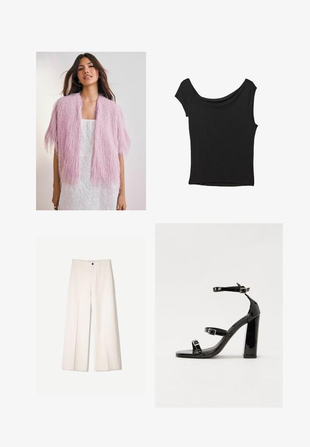 Cardigan rosa fluffy con un design testurizzato simile a frange. Maniche corte, apertura frontale, indossato su un vestito bianco a fantasia.; Top nero a maniche corte realizzato in tessuto liscio; presenta un colletto drappeggiato e un orlo asimmetrico, con una vestibilità aderente.; Pantaloni larghi color crema con design sartoriale, dotati di due tasche frontali e una chiusura con bottone anteriore, realizzati in tessuto liscio.; Sandali con tacco in vernice nera, con punta squadrata, cinturini alla caviglia e fibbie in argento. Presentano un tacco a blocco spesso per maggiore stabilità.