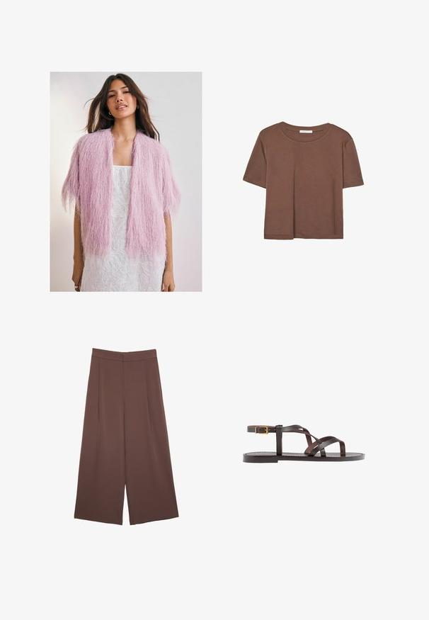 Vaaleanpunainen pörröinen neuletakki, jossa on tekstuuri ja fringe-tyylinen muotoilu. Lyhythihaiset, auki edestä, käytetään valkoisen kuvioidun mekon päällä.; Kahvinsävyinen lyhythihainen t-paita, joka on valmistettu pehmeästä kankaasta. Pyöreä pääntie ja rento malli. Ei näkyviä kuvioita tai koristeita.; Ruskeat leveälahkeiset housut, joissa on sileä pinta, korkea vyötärö ja etupleat. Kangas on kevyttä ja laskeutuu väljänä.; Ruske kožne sandale s križnim trakama, zatvaranjem na kopču oko gležnja i ravnim potplatom s minimalnim detaljima šivanja.