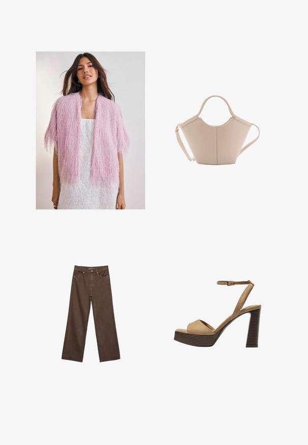 Růžový huňatý cardigan s texturovaným, třásňovým designem. Krátké rukávy, otevřená přední část, nošený přes bílou vzorovanou šaty.; Hnědé tričko s krátkým rukávem vyrobené z měkké látky, s kulatým výstřihem a volným střihem. Bez viditelných vzorů nebo dekorací.; Hnědé džíny s širokými nohavicemi vyrobené z denimu, s vysokým pasem, předními kapsami a klasickým zapínáním na knoflík. Hladká textura s jemným švem.; Bežové semišové sandály na vysokém podpatku s širokým předním páskem a páskem kolem kotníku, s masivním dřevěným blokovým podpatkem s texturovaným povrchem.; Beige kožená kabelka s jedinečným tvarem, vybavená dvěma krátkými uchy a dlouhým nastavitelným popruhem. Hladká textura s minimem kovových doplňků.