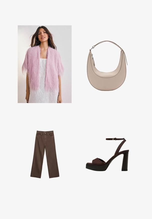 Růžový huňatý cardigan s texturovaným, třásňovým designem. Krátké rukávy, otevřená přední část, nošený přes bílou vzorovanou šaty.; Hnědé tričko s krátkým rukávem vyrobené z měkké látky, s kulatým výstřihem a volným střihem. Bez viditelných vzorů nebo dekorací.; Hnědé džíny s širokými nohavicemi vyrobené z denimu, s vysokým pasem, předními kapsami a klasickým zapínáním na knoflík. Hladká textura s jemným švem.; Hnědé semišové sandály na vysokém podpatku s otevřenou špičkou, nastavitelným páskem kolem kotníku a proužkovou platformou.; Světle béžová kožená kabelka přes rameno s půlměsíčovým tvarem, hladkým povrchem a jedním zakřiveným uchopem. Obsahuje zipový uzávěr a upravené švy.