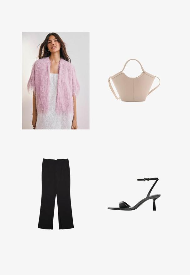 Ružový nadýchaný kardigán s textúrovaným, franjovým dizajnom. Krátke rukávy, otvorený predok, nosený cez bielu vzorovanú šaty.; Čierny tank top vyrobený z bavlny, s okrúhlym výstrihom a širokými ramienkami. Hladká textúra so zošitými okrajmi. Klasický, minimalistický dizajn.; Čierne nohavice so strihom rovného strihu, s prednými vreckami a bočnými rozparkami na leme. Vyrobené z mäkkej, hladkej tkaniny. Vhodné na rôzne príležitosti.; Bershka Sandále na vysokom opätku - black; Béžová kožená kabelka s unikátnym tvarom, vybavená dvoma krátkymi uchami a jedným dlhým nastaviteľným popruhom. Hladký povrch s minimálnym kovovým príslušenstvom.