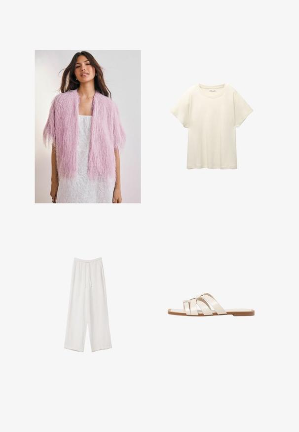 Ružičasti pahuljasti kardigan s teksturiranim, resastim dizajnom. Kratki rukavi, otvorenog prednjeg dijela, nošen preko bijele haljine s uzorkom.; Svijetlo bež majica kratkih rukava s okruglim izrezom, izrađena od meke, glatke tkanine. Karakterizira je opušteni kroj i ravni rub.; Bijele hlače širokih nogavica napravljene od lagane tkanine. Imaju elastičan pojas s ušicom i bočne džepove. Glatka tekstura.; Ravne sandale s smeškom od gume, dizajnirane s tri preklapajuće bele kožne trake i malim detaljem mašne u sredini.
