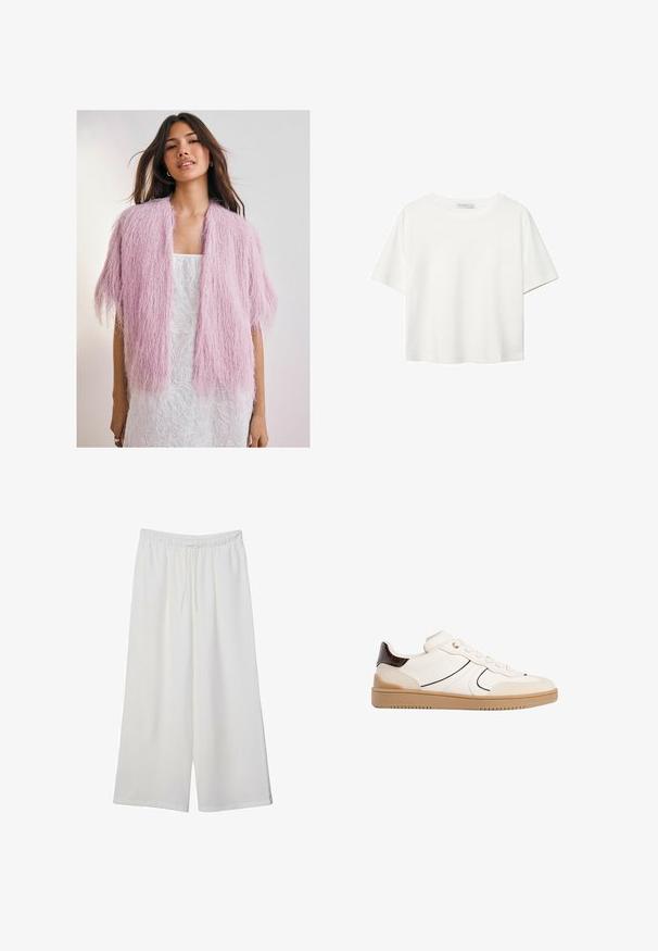 Lyserød, fluffy cardigan med et struktureret, frynse-lignende design. Korte ærmer, åben front, båret over en hvid mønstret kjole.; Hvid kortærmet t-shirt lavet af bomuld. Har en rund halsudskæring og en afslappet pasform. Glat tekstur uden synlige mønstre eller detaljer.; Hvide vidde bukser lavet af letvægtsstof, med en elastisk talje og snøre for justerbar pasform. Glat tekstur.; Stradivarius Sneakers - white