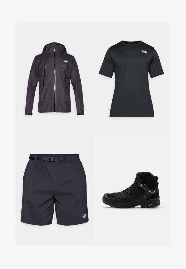 Mustmustav vihmane jakk kapuutsiga, kaks lukuga rinna taskut, hõbedane lukku, elastsed mansetid ja logo vasakul rinnal. Sile tekstuur.; Must räpaseda must t-särk, mis on valmistatud kerge, niiskust eemal hoidvast kangast. Vasakul rinnal on valge logo ja ümar kaelus.; Mustad mustad lühikesed püksid, millel on mugav lõige, reguleeritav vöö, küljetaskud ja North Face logo paremal alajalal.; Mustad matkajalanõud musta värvi, millel on tekstuuriga ülemine osa, tugevdatud varvas ja Vibram tald. Kinnitamissüsteem sisaldab konksusid kindla istuvuse tagamiseks.