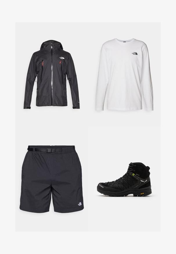 Schwarze wasserdichte Jacke mit Kapuze, zwei mit Reißverschluss versehenen Brusttaschen, silbernem Reißverschluss, elastischen Bündchen und einem Logo auf der linken Brust. Glatte Textur.; Weißes langärmliges T-Shirt aus Baumwolle mit Rundhalsausschnitt. Verfügt über ein kleines schwarzes Logo auf der Brust. Glatte Textur, reguläre Passform.; Schwarze leichte Shorts mit lockerer Passform, ausgestattet mit einem verstellbaren Gürtel, Seitentaschen und dem North Face Logo am unteren rechten Bein.; Schwarzer Wanderschuh mit strukturiertem Obermaterial, verstärkter Zehenkappe und Vibram-Sohle. Das Schnürsystem enthält Haken für einen sicheren Sitz.