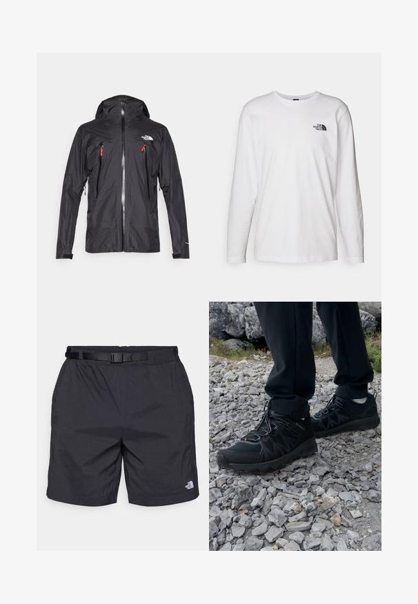 Black waterproof jacket with a hood, two zippered chest pockets, silver zipper, elastic cuffs, and a logo on the left chest. Smooth texture.; White long-sleeve T-shirt made of cotton with a crew neck. Features a small black logo on the chest. Smooth texture, regular fit.; Black lightweight shorts with a relaxed fit, featuring an adjustable belt, side pockets, and the North Face logo on the lower right leg.; Black outdoor shoes with mesh and synthetic material, featuring a textured upper, secured lacing system, and a rugged outsole, on rocky terrain.