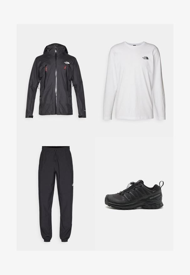 Black waterproof jacket with a hood, two zippered chest pockets, silver zipper, elastic cuffs, and a logo on the left chest. Smooth texture.; White long-sleeve T-shirt made of cotton with a crew neck. Features a small black logo on the chest. Smooth texture, regular fit.; Black athletic pants made from lightweight fabric, featuring a drawstring waistband, side pockets, and tapered cuffs at the ankles.; Black athletic shoe with a textured synthetic upper, cushioned sole, and a quick-lacing system. Features a reinforced toe and heel.