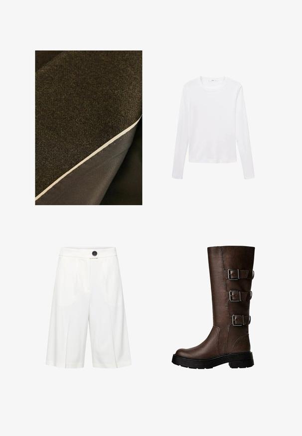 Zwei Schichten Stoff: ein strukturiertes, dunkelbraunes Wolle darüber und ein glattes, dunkles Material darunter, mit einer sichtbaren cremefarbenen Kante.; Weißes Langarm-T-Shirt aus leichtem Stoff, mit rundem Halsausschnitt und geradem Schnitt, ohne sichtbare Muster oder Akzente.; b.young BYRIZETTA - Shorts - off white; Brauner Leder-Stiefel bis zum Knie mit drei metallischen Schnallen, strukturiertem Obermaterial, runder Zehenpartie und stabiler, klobiger Sohle.