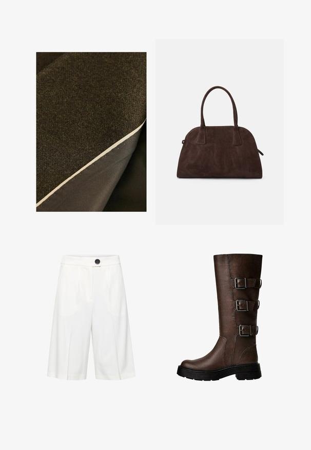 Twee lagen stof: een gestructureerde donkergroene wol bovenop en een gladde donkere stof eronder, met een zichtbare crèmekleurige rand.; Witte longsleeve t-shirt van lichtgewicht stof, met een ronde halslijn en een rechte snit, zonder zichtbare patronen of accenten.; b.young BYRIZETTA - Shorts - off white; Bruine leren kniehoge laars met drie metalen gespen, textuur op de oppervlakte, ronde neus en stevige zool voor stabiliteit.; Bruin suède handtas met een ronde vorm, dubbele handvatten en subtiele stiksels. Bevat een ritszak aan de zijkant voor extra functionaliteit.