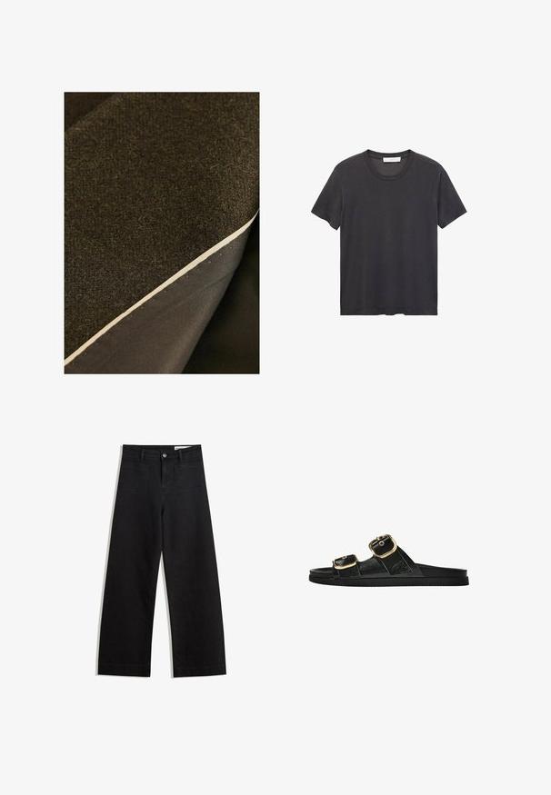 Zwei Schichten Stoff: ein strukturiertes, dunkelbraunes Wolle darüber und ein glattes, dunkles Material darunter, mit einer sichtbaren cremefarbenen Kante.; Schwarzes Rundhals-T-Shirt aus weicher Baumwolle. Kurze Ärmel, lockere Passform und gerader Saum ohne Verzierungen oder Muster.; Schwarze weit geschnittene Jeans mit hoher Taille, ausgestattet mit Vorder- und Hintertaschen, gesteppten Nähten und einem Knopfverschluss. Glatte Textur.; Schwarze Riemensandale mit zwei goldenen Schnallendetails, glattem Material, flachem Sohlen und minimalistischer Gestaltung.