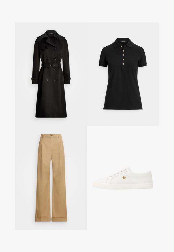 Palton negru dintr-un material neted, cu un design cu două rânduri de nasturi, talie cu curea, epoleți la umeri și manșete cu nasturi.; Tricou polo negru din material texturat, cu guler, mâneci scurte și o fenta cu nasturi aurii. Detaliu subtil cu logo pe piept.; Pantaloni bej cu croi larg, cu închidere prin buton, având o textură netedă și pliuri presate. Picioare cu mansete pentru un detaliu suplimentar.; Lauren Ralph Lauren JANSON II CANVAS SNEAKER - Sneakers low - optic white