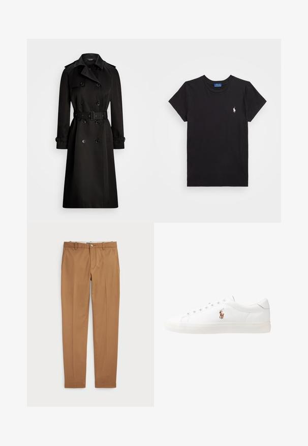 Svart trench coat gjord av slätt tyg, med en dubbelknäppt design, bälte i midjan, axelklapp och knäppta ärmslut.; Svart bomull t-shirt med rundad halsringning, kort ärm och en vit broderad logotyp på vänster bröst. Slät textur, avslappnad design.; Bruna bomullshängslen med en slim-fit-design, platt front och standardfickor; mjuk textur och fållade muddar.; Vita lädersneakers, låg design, med en slät yta, rund tå, snörning fram och en liten broderad logotyp på sidan.