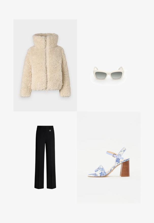 Save the duck KENNIE - Giacca invernale - shore beige; T-shirt cropped bianco realizzato in cotone liscio, con un collo alto e maniche corte. Piccolo logo ricamato nell'angolo inferiore.; Pantaloni neri a gamba larga realizzati in tessuto liscio. Presentano una chiusura a bottone e un dettaglio in metallo dorato sulla vita. Vestibilità dritta e sartoriale.; Sandal con stampa floreale blu, con punta quadrata, una larga fascia e una cinghia alla caviglia regolabile, dotata di un tacco a blocco in legno texturizzato.; Occhiali da sole con design a occhiale da gatto, montatura in plastica bianca, lenti grigie sfumate e astine sottili con un discreto dettaglio del marchio.