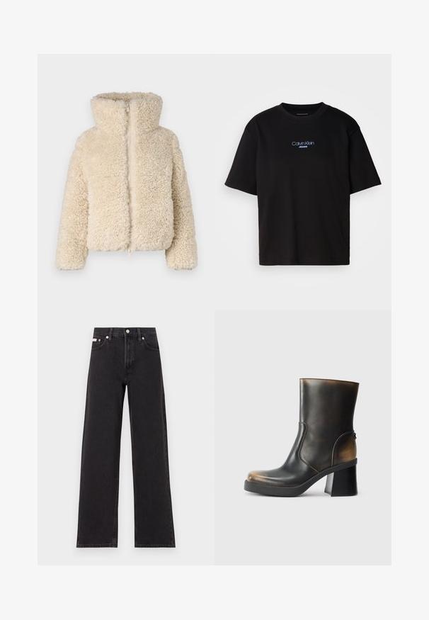 Save the duck KENNIE - Zimska jakna - shore beige; Crna pamučna majica s okruglim izrezom, kratkim rukavima i plavim izvezenim logom "Calvin Klein JEANS" na prednjoj strani.; Crne široke traperice od denima, s visokim strukom, pet džepova i metalnim zatvaranjem s kontrastnim šavovima.; Crna kožna gležnjača s sjajnom površinom, okruglim vrhom, kontrastnim tamnim detaljima, blok petom i bočnim patentnim zatvaračem.