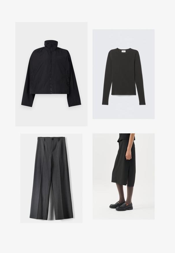 Jachetă scurtă neagră cu guler înalt, fermoar pe întreaga lungime a frontului și mâneci lungi cu buzunare laterale. Fabricată dintr-un material ușor și fin.; Cămașă neagră cu mâneci lungi și guler rotund, cu un mic etiketă albă care spune "WEEKDAY" în interiorul gulerului, expusă pe un fundal deschis.; Pantaloni evazați din țesătură gri închis, cu închidere cu buton, pliseuri frontale și curea. Textură netedă cu un design ajustat.; Fustă neagră până la genunchi cu fenda laterală, asortată cu mocasini negri și ciorapi transparenți maro, având un material fin și un design simplu.