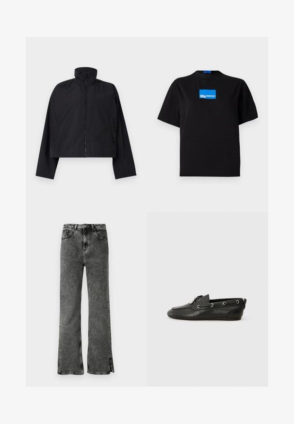 Melna īsā jaka ar augstu apkakli, pilnu priekšējo rāvējslēdzēju un garām piedurknēm, izveidota ar sānu kabatām. Made from lightweight, smooth fabric.; Melnas kokvilnas T-krekls ar apaļu kaklu, ar zilu taisnstūra grafiku, kurā rakstīts "KARL LAGERFELD JEANS", uz priekšpuses.; Melnas izplešotas džinsus ar izbalinātu mazgāšanu, augstu jostasvietu un sānu šķautnēm apakšmalā. Izgatavoti no denima ar gludu tekstūru un klasisko piecu kabatu dizainu.; Melnas ādas laivu kurpes ar noapaļotu purngalu, aukliņu priekšpusi, metāla acīm un platu zoli. Iekļauts neliels cilpiņas aizmugurē.