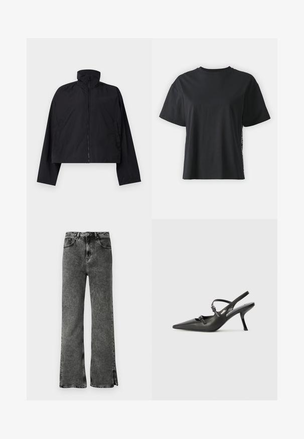 Svart kortärmad jacka med hög krage, hel dragkedja fram och långa ärmar med sidofickor. Tillverkad av lätt, mjukt tyg.; Svart kortärmad t-shirt i bomull med avslappnad passform och kontrasterande sidopanel som har små texter och designdetaljer.; Svarta utsvängda jeans med en blekt tvätt, hög midja och sprund i fållen. Tillverkade av denim med en mjuk yta och klassisk femfickorsdesign.; Svarta läderklackar med slingback, spetsig tå, smal klack och dekorativ spänndetalj på ovansidan. Slät struktur och stilren design.