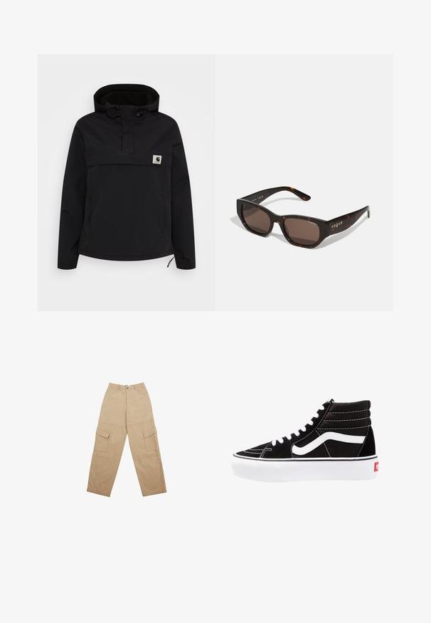 Schwarze Pulloverjacke mit Kapuze und Halb-Reißverschluss-Design. Verfügt über elastische Bündchen, eine Fronttasche und ein kleines Logo-Patch auf der Brust.; Burgunderfarbener Strickcardigan mit tiefem V-Ausschnitt, drei großen Knöpfen und geripptem Muster, langen Ärmeln und cropped Design.; Langärmliges Hemd mit Knopfverschluss und einem hellrosa-weißen gestreiften Muster, das seitliche Raffung und verstellbare Bänder in der Taille aufweist.; Beige Cargo-Hosen aus Stoff, mit zwei frontalen Taschen und einem entspannten, weiten Schnitt. Der Bund verfügt über einen Knopf- und Reißverschluss.; Schwarze High-Top-Sneaker mit weißen Schnürsenkeln, einem weißen Logo und kontrastierendem weißen Nähten. Verfügt über eine dicke weiße Sohle und ein strukturiertes Wildleder-Obermaterial.; Schildpatt-Sonnenbrille mit rechteckigen braunen Gläsern. Glänzender Kunststoffrahmen mit goldfarbener "vogue"-Markierung an der Seite.