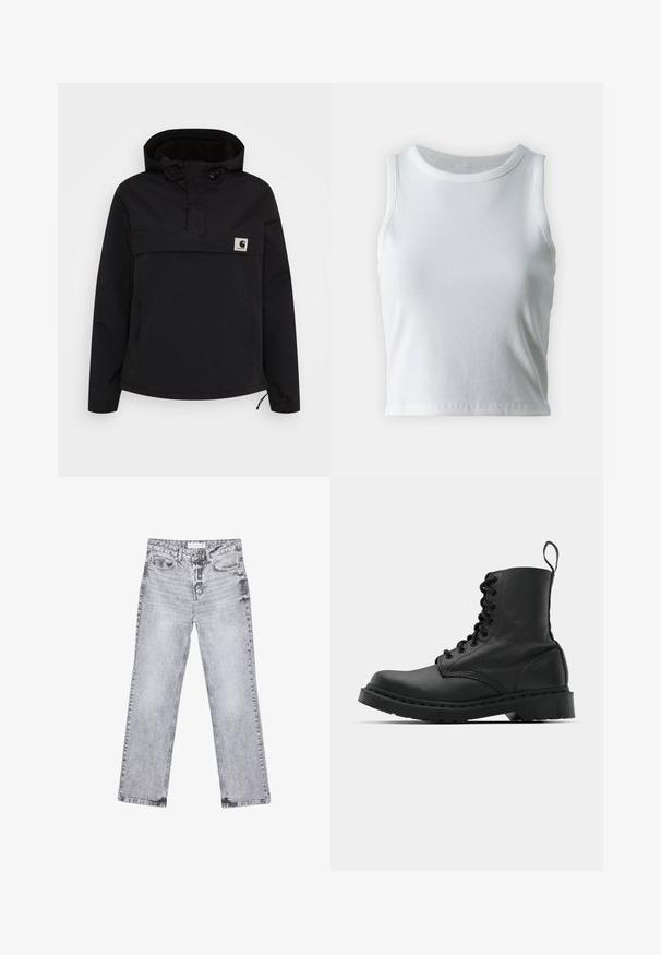 Veste à capuche noire avec un design à zip mi-hauteur. Dispose de poignets élastiques, d'une poche avant et d'un petit patch logo sur la poitrine.; Débardeur blanc côtelé avec un décolleté rond et sans manches, présentant un ourlet droit et une texture lisse et extensible.; Jean en denim gris avec une coupe droite, des détails déchirés, cinq poches et des rivets en cuivre. La ceinture présente une étiquette de logo.; Botte de combat en cuir noir avec un bout rond, un laçage à l'avant et une sangle au niveau de la cheville. Dispose d'une semelle en caoutchouc épaisse pour une durabilité optimale.