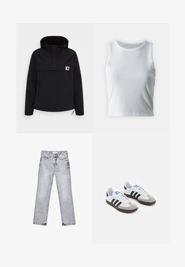 Czarny polarowy jacket z kapturem i półzamkiem. Posiada elastyczne mankiety, kieszeń z przodu oraz małą łatkę z logo na klatce piersiowej.; Biała, prążkowana koszulka na ramiączkach z okrągłym dekoltem i bez rękawów, z prostym dołem i gładką, elastyczną teksturą.; Szare dżinsy o prostym kroju nogawki, z przetarciami, pięcioma kieszeniami i miedzianymi nitami. Pasek w talii posiada metkę z logo.; Buty sportowe z białą skórzaną cholewką, szarym zamszowym noskiem i trzema czarnymi paskami. Posiadają niebieskie logo na języku oraz teksturowaną gumową podeszwę.