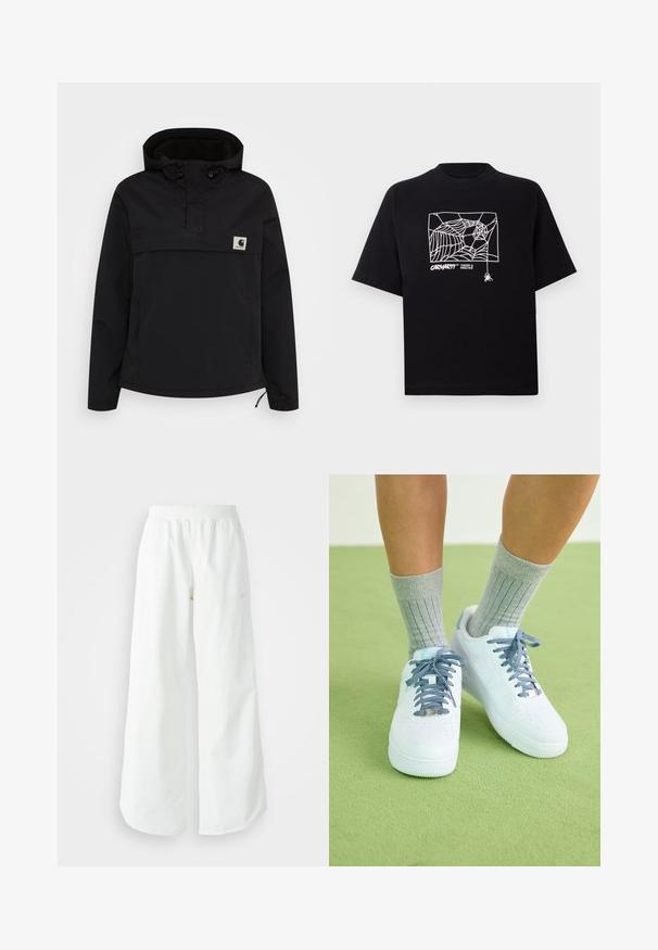 Jachetă pulover neagră cu glugă și design cu jumătate de fermoar. Prezintă mânici elastice, o buzunar frontal și un mic patch cu logo pe piept.; Tricou negru din bumbac, cu mâneci scurte. Dispune de un grafic alb cu o pânză de păianjen și un logo pe față. Guler simplu, rotund.; Pantaloni atletici largi, alba, cu un talie elastica texturata si detalii subtile cu logo. Material neted, cu o croiala lejera si tiv conformat.; Tenisi din piele albă cu accente bleu, design cu vârful perforat și șireturi texturate albastre și albe, purtați cu șosete gri cu dungi.