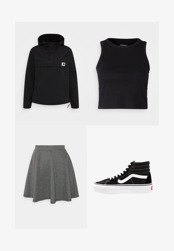 Schwarze Pulloverjacke mit Kapuze und Halb-Reißverschluss-Design. Verfügt über elastische Bündchen, eine Fronttasche und ein kleines Logo-Patch auf der Brust.; Schwarzes, geripptes Cropped Tanktop mit rundem Ausschnitt und ärmellosem Design. Hergestellt aus weichem, dehnbarem Material, mit sauberen, gekettelten Kanten.; Schwarz-weißer karierteter Skaterrock mit einem taillierten Bund und ausgestellt geschnittenem Saum, aus einem strukturierten Stoff, der ein klassisches Muster zeigt.; Schwarze High-Top-Sneaker mit weißen Schnürsenkeln, einem weißen Logo und kontrastierendem weißen Nähten. Verfügt über eine dicke weiße Sohle und ein strukturiertes Wildleder-Obermaterial.