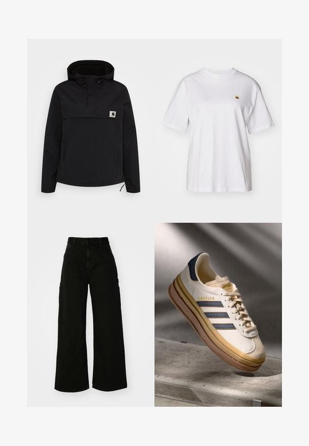 Čierna mikina s kapucňou a dizajnom na polovičný zips. Obsahuje elastické manžety, predné vrecko a malú nášivku s logom na hrudi.; Biely bavlnený tričko s voľným strihom, krátkymi rukávmi a malým vyšitým logom na ľavej strane hrude.; Čierne cargo nohavice s širokými nohavicami vyrobené z denimu, so zvýšeným pásom, predným zapínaním na gombík a bočnými vreckami. Hladký povrch s minimálnym šitím.; Tenisky Adidas Gazelle so smotanovým semišovým horným dielom, modrými koženými akcentmi, tromi modrými pruhmi, béžovou medzipodrážkou a hnedou gumovou podrážkou.