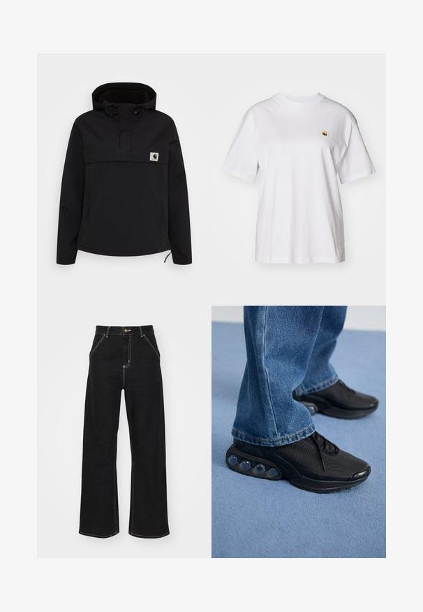 Sort pullover-jakke med hætte og halvmunddesign. Har elastiske manchetter, en frontlomme og et lille logo-patch på brystet.; Hvid bomulds-t-shirt med en afslappet pasform, korte ærmer og et lille broderet logo på venstre brystområde.; Sorte bukser med bred ben, lavet af denim og prydet med kontrastfarvet hvid syning samt en frontlukning med knap, og to skrå forlommer.; Sorte træningssko med mesh-overdel, teksturerede detaljer og synlige luftdæmpningspodere i sålen. Båret med blå denimjeans.