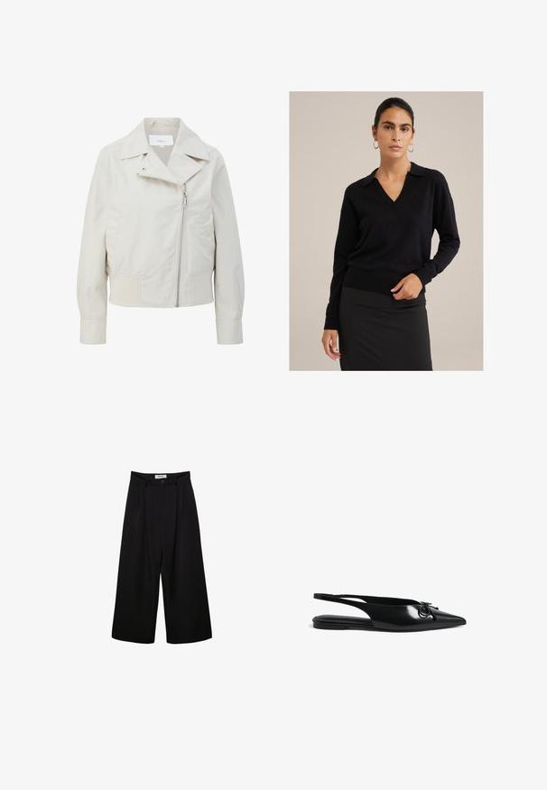 Helle beige, kurz geschnittene Jacke mit breitem Kragen, asymmetrischem Reißverschluss und seitlichen Taschen. Aus glattem, leichtem Stoff mit matter Oberfläche gefertigt.; Schwarzer Wollmix-Pullover mit V-Ausschnitt und Kragen. Verfügt über lange Ärmel, gerippte Bündchen und einen gerippten Saum. Sanfte Textur.; Schwarze weite Hosen mit hoher Taille, gefaltetem Vorderteil und Knopfverschluss. Aus glattem Stoff mit maßgeschneidertem Design.; Schwarze Lackleder-Slingback-Ballerinas mit spitzem Zeh, kreisförmigem Akzentdetail und zarten Riemen für einen sicheren Sitz. Glatte, glänzende Oberfläche.