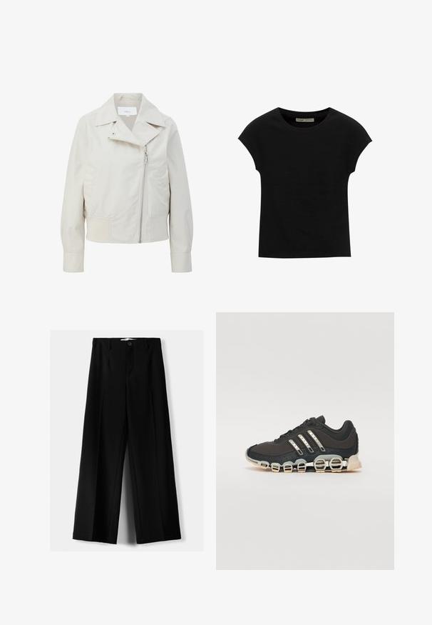 Giacca cropped beige chiaro con ampio colletto, cerniera asimmetrica e tasche laterali. Realizzata in tessuto leggero e morbido con finitura opaca.; Maglietta nera a maniche corte con scollo rotondo. Realizzata in tessuto di cotone liscio ed elastico. Design semplice senza motivi o grafiche.; Pantaloni neri a gamba larga realizzati in tessuto leggero, caratterizzati da una chiusura frontale con bottone e frontale piatto, con orli cuciti con precisione.; Scarpa da ginnastica nera con tomaia testurizzata, tre strisce argentate e una suola ammortizzata distintiva con più sezioni integrate.
