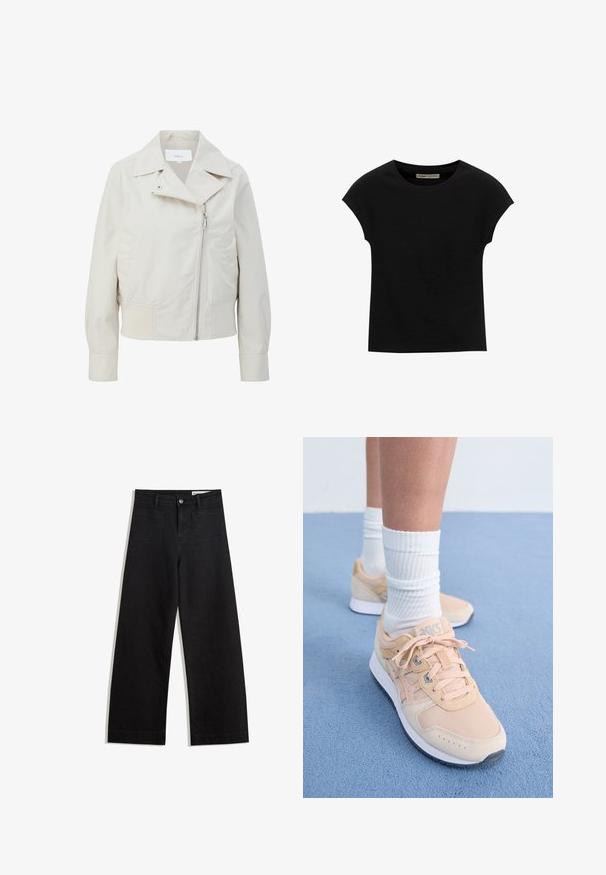 Helle beige, kurz geschnittene Jacke mit breitem Kragen, asymmetrischem Reißverschluss und seitlichen Taschen. Aus glattem, leichtem Stoff mit matter Oberfläche gefertigt.; Schwarzes Kurzarm-T-Shirt aus weichem Stoff, mit Rundhalsausschnitt und lockerer Passform, glatter Textur und ohne Muster.; Schwarze weit geschnittene Jeans mit hoher Taille, ausgestattet mit Vorder- und Hintertaschen, gesteppten Nähten und einem Knopfverschluss. Glatte Textur.; Hellorange Sport Schuhe mit Textil-Obermaterial, weißer Gummisohle und Schnürdesign. Kombiniert mit gerippten weißen Socken und auf einer blauen Oberfläche platziert.