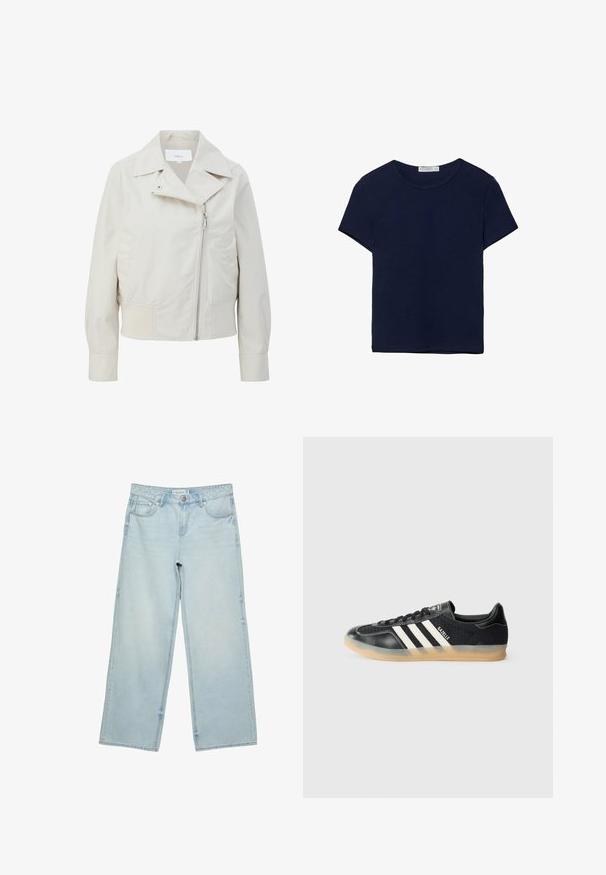 Light beige cropped jacket with a wide collar, asymmetrical zipper, and side pockets. Made from smooth, lightweight fabric with a matte finish.; Navy blue cotton short-sleeve T-shirt with a round neckline, featuring a smooth texture and a straight hem with no patterns or accents.; Light blue wide-leg jeans in denim, featuring a high waist, five pockets, and subtle fading. Straight cut with hemmed edges.; Black athletic sneaker with white stripes, textured fabric, smooth leather toe, and a gum rubber sole. Features logo on tongue.