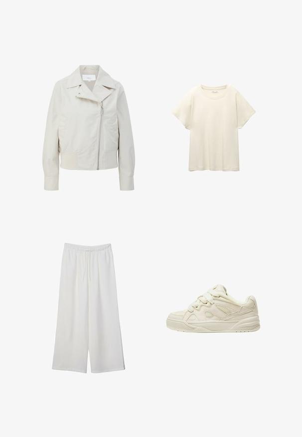 Veste courte beige clair avec un large col, une fermeture éclair asymétrique et des poches sur les côtés. Fabriquée en tissu lisse et léger avec une finition mate.; T-shirt beige clair à manches courtes avec un col rond, fabriqué en tissu doux et lisse. Présente une coupe décontractée et un ourlet droit.; Pantalons larges blancs en tissu léger, avec une taille élastique et un cordon de serrage pour un ajustement réglable. Texture lisse.; Baskets beiges avec une tige texturée, des lacets proéminents, des panneaux en maille et une semelle épaisse. Design courbé avec un col rembourré pour le confort.