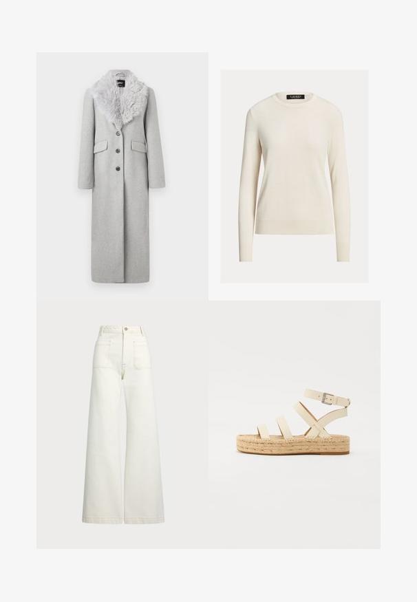 Dlhý sivý vlnený kabát s umelým kožušinovým golierom, štyrmi gombíkmi a dvoma bočnými vreckami. Tkanina má hladkú textúru.; Svetlý krémový sveter, dlhé rukávy, zaoblený výstrih, pletená textúra, rebrované manžety a lem, etiketa znie "LAUREN." Jednoduchý, minimalistický dizajn.; Džínsy s širšími nohavicami v off-white denim. Vysoký pás s gombíkovým zapínaním, dve predné vrecká a kontrastné švy.; Svetlo béžová kožená espadrilková sandal s štyrmi krížovými popruhmi a prackou na členku, s tkanou jutovou platformou a plochou gumovou spodnou časťou.